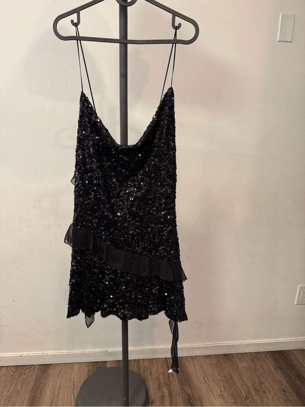 Zara Black Sequin Mini Slip Dress with Ruffle Accent